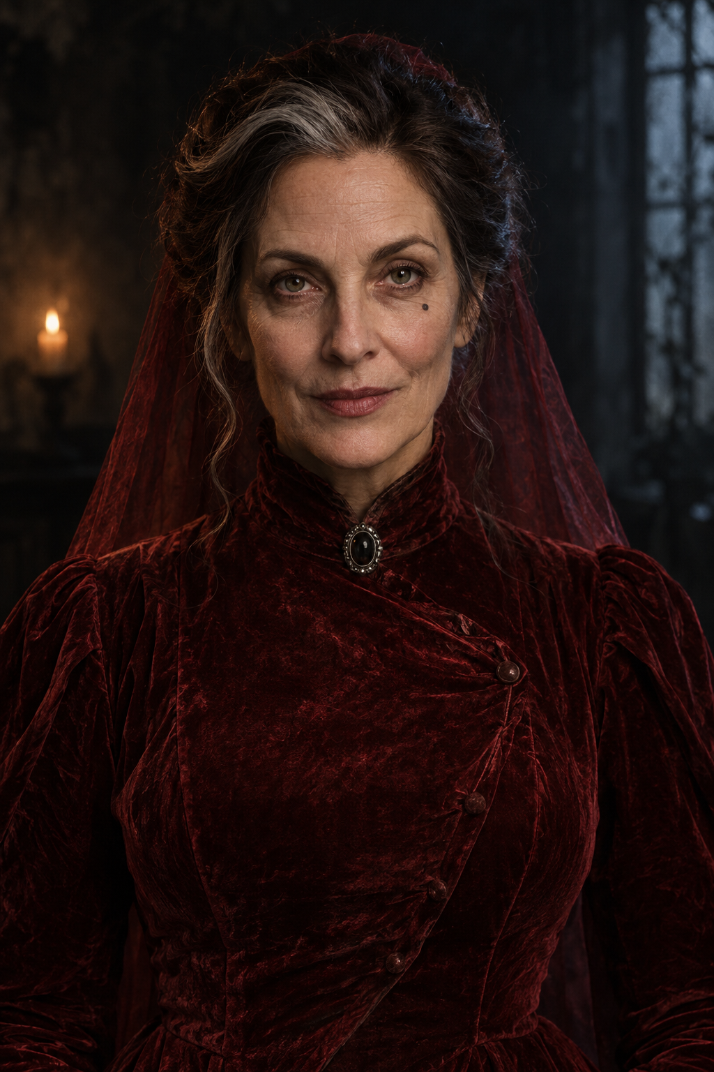 The Red Lady, our original AI presenter, in a crimson veil and dark velvet.
