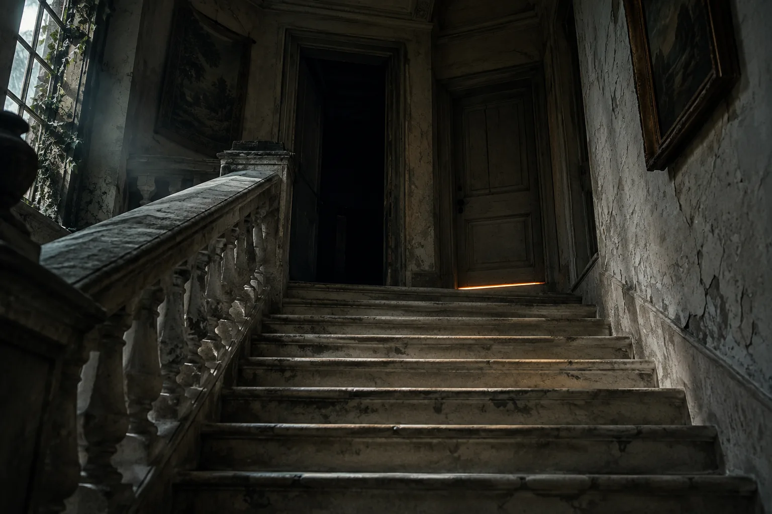 Atmospheric illustration of a dark stairwell, not the Hodgson family home
